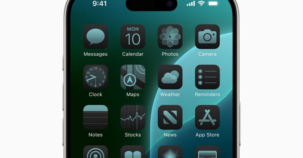 A photo of an iPhone with turquoise-tinted app icons.